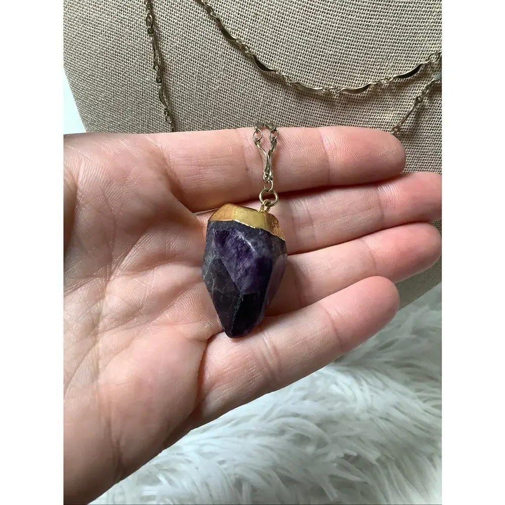 Express Gold Tone Amethyst Crystal Pendant Long Statement Necklace Boho E20-17